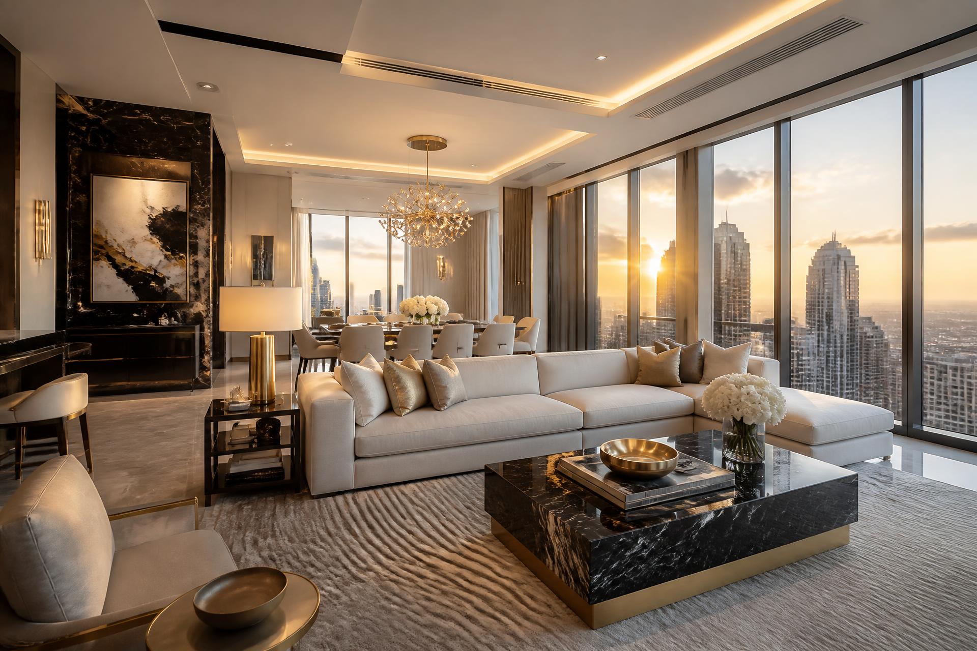 Interior de apartamento de alto padrão com vista para a cidade